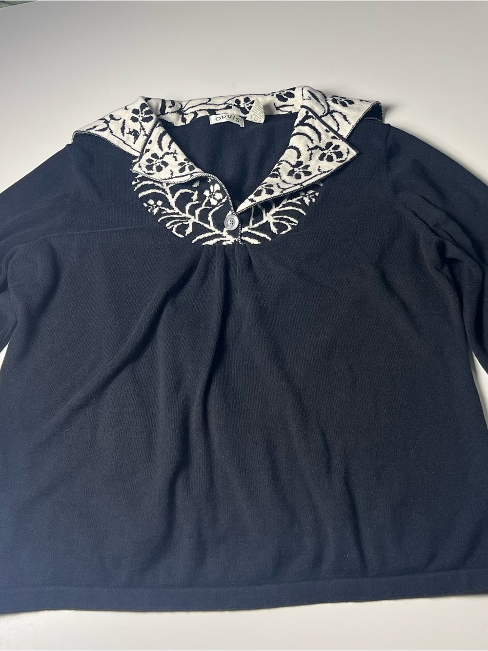 Orvis Cotton Cashmere Blend Pullover Sweater w/ Floral Collar Black Size XL